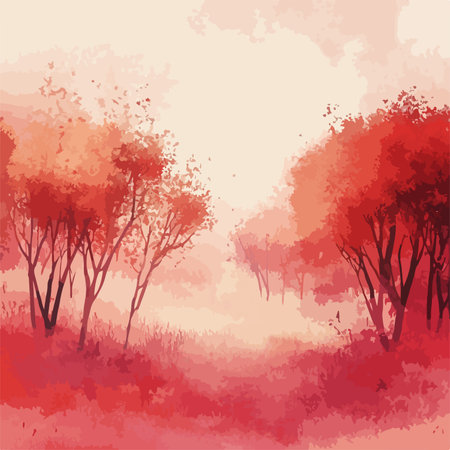 Abstract Landscape with Crimson Trees and Serene Water Reflectionsのイラスト素材
