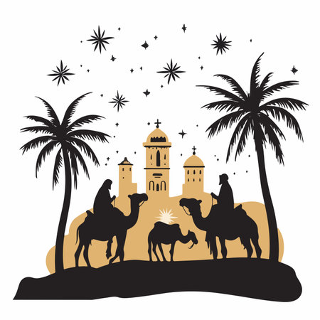 Nativity Scene with the Three Wise Men: A Miraculous Encounter Under the Starry Skyのイラスト素材