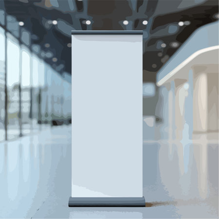 Spacious Exhibition Hall with Blank Roll-Up Banner for Product Display and Marketingのイラスト素材