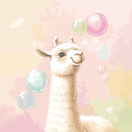 Joyful Cartoon Llama Blowing Bubbles with Enthusiasm and Exuberanceのイラスト素材