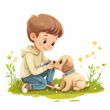 Boy's Delightful Outdoor Playtime with His Adorable Puppyのイラスト素材