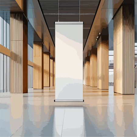 Blank White Trade Show Banner Display for Mockup in an Exhibition Hallのイラスト素材