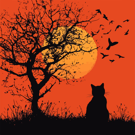 Majestic Cat Silhouette at Sunset with Soaring Trees and Birds in Flightのイラスト素材