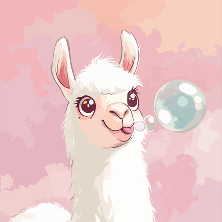 Joyful Cartoon Llama Blowing Bubbles with Enthusiasm and Exuberanceのイラスト素材