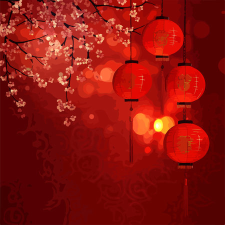 Joyful Chinese New Year Decorations with Crimson Lanternsのイラスト素材
