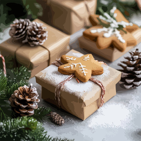 Enchanting Christmas Display with Fir Branches, Cookies, and Festive Giftsのイラスト素材