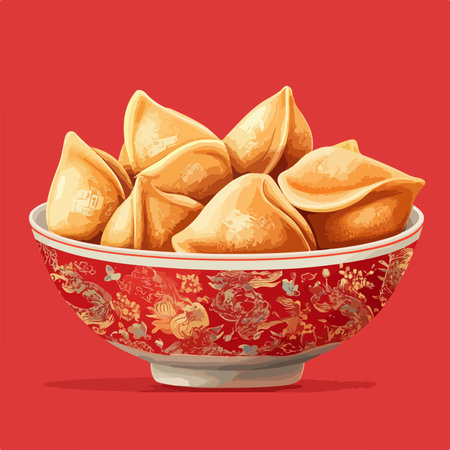 Delightful Delicacies: Chinese New Year Fortune Cookies in Ceramic Bowlのイラスト素材