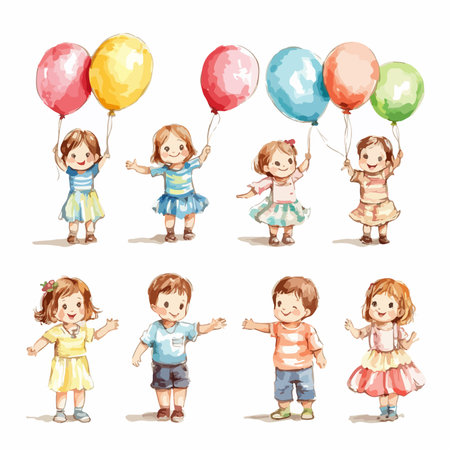 Children Joyfully Holding Vibrant Balloons in a White Backgroundのイラスト素材