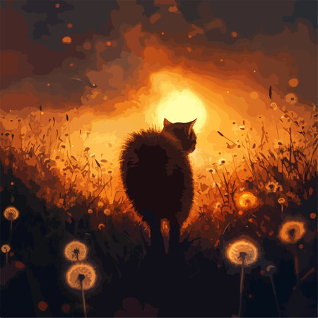 Feline Adventure: A Cat's Journey through a Field of Dandelions at Sunset's Golden Glowのイラスト素材