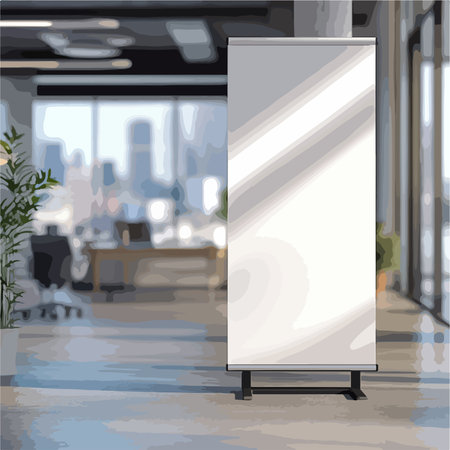 Modern Office Interior with Blank Roll Up Banner for Customization