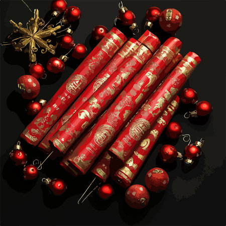 Christmas background with chinese scroll and red balls. Vector illustration.のイラスト素材