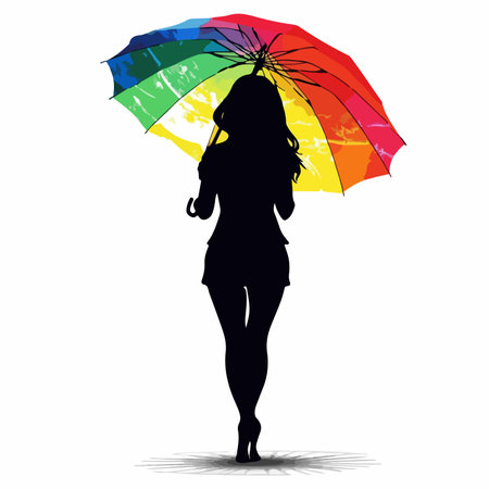 Colorful Umbrella Silhouette of a Graceful Figure in a Serene Settingのイラスト素材
