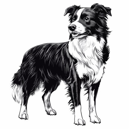 Detailed Black and White Portrait of a Standing Border Collieのイラスト素材