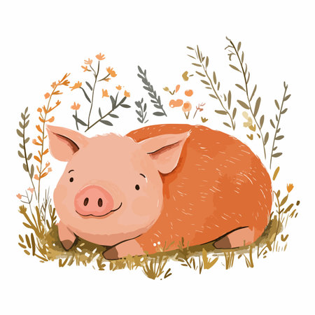 Whimsical Illustration of a Relaxing Pig in a Cozy Fieldのイラスト素材