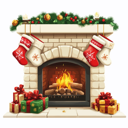 Festive and Cozy Christmas Fireplace with Stockings and Twinkling Lightsのイラスト素材