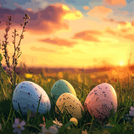 Vibrant Easter Eggs Adorning a Meadow at Sunsetのイラスト素材
