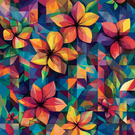 Vivid Floral Kaleidoscope with Geometric Abstract Elements in Vibrant Huesのイラスト素材