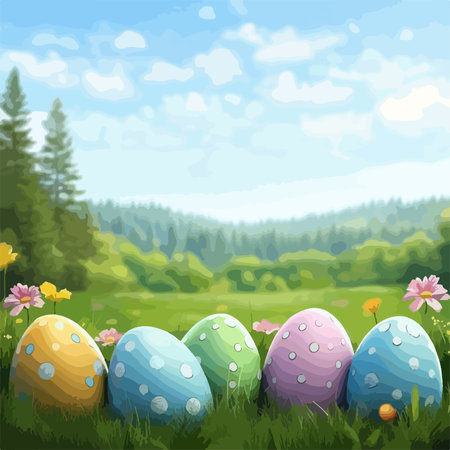 Vibrant Easter Eggs Adorn a Sunlit Spring Meadowのイラスト素材