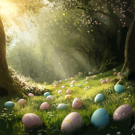 Vibrant Easter Eggs Adorning a Lush Green Meadowのイラスト素材