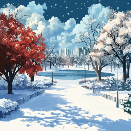 Contrasting Seasons: Winter's End and Spring's Arrival in the Parkのイラスト素材