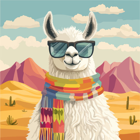 Cool Cartoon Llama in Shades and a Colorful Fiesta Party Hatのイラスト素材