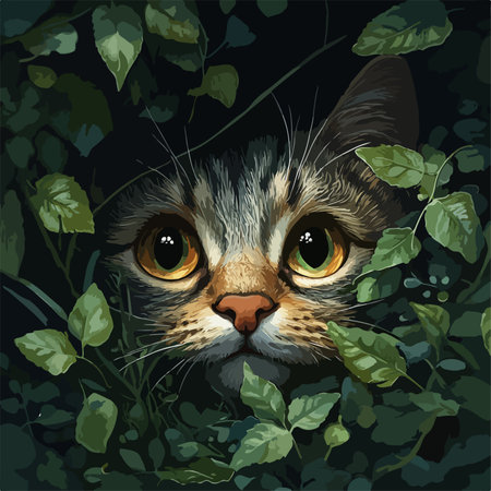 Curious Feline Peering Through Lush Foliageのイラスト素材
