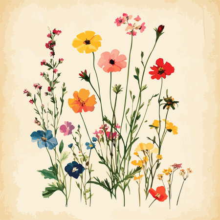 Vintage Illustration of Vibrant Wildflowers on Aged Paperのイラスト素材