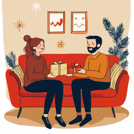 Man and woman sitting on the sofa and exchanging gifts. Vector illustration.のイラスト素材