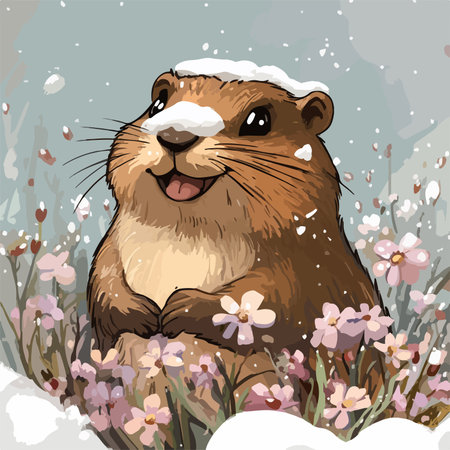 Adorable Groundhog Posing Cheerily Amidst Winter's Delicate Blooms