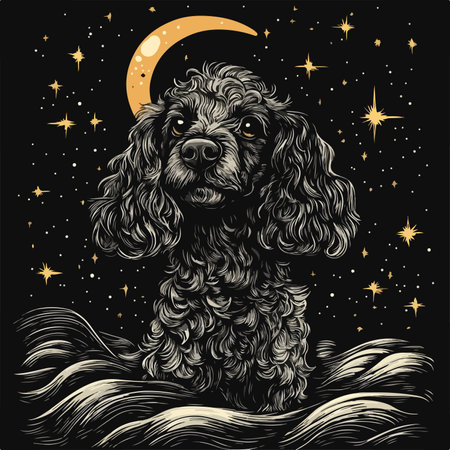 Celestial Poodle Dreaming Under the Moon and Starsのイラスト素材