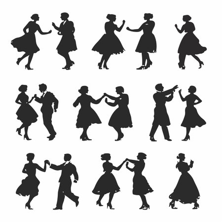 Energetic Vector Silhouettes of Dancing People Celebrating on a White Backgroundのイラスト素材