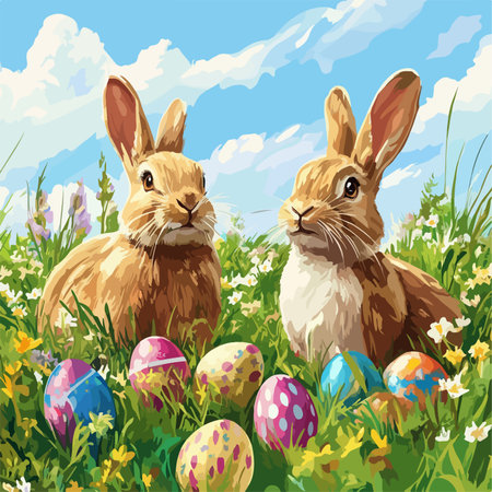 Cheerful Easter Bunnies and Vibrant Eggs Adorning a Spring Meadowのイラスト素材