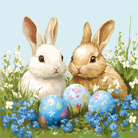 Adorable Easter Bunnies with Vibrant Eggs Amidst Azure Bloomsのイラスト素材