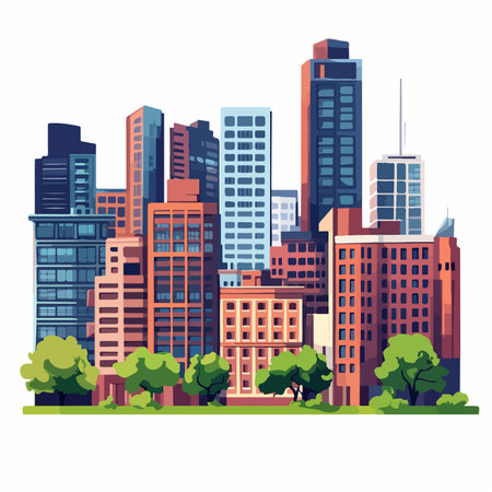 Vector Illustration of a Downtown Cityscape with Modern and Historical Buildingsのイラスト素材