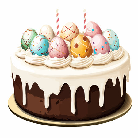 Colorful Easter Cake with Decorated Eggs and Creamy Glaze