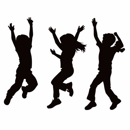 Vector Silhouettes of Dancing Children in Motion Captured with Isolated Backgroundのイラスト素材