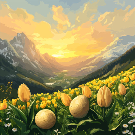 Golden Easter Eggs Hidden Amidst Sunset Tulips in a Vibrant Spring Meadowのイラスト素材