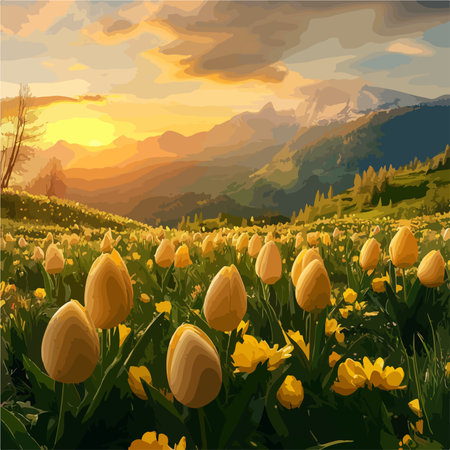 Golden Easter Eggs Hidden Amidst Sunset Tulips in a Vibrant Spring Meadowのイラスト素材