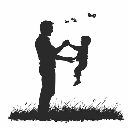 Silhouette of father and son playing with butterflies. Vector illustration.のイラスト素材