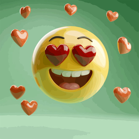 Smiling yellow emoticon with hearts on green background. Vector illustrationのイラスト素材