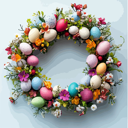Vibrant Easter Wreath Adorned with Colorful Eggs and Spring Flowersのイラスト素材