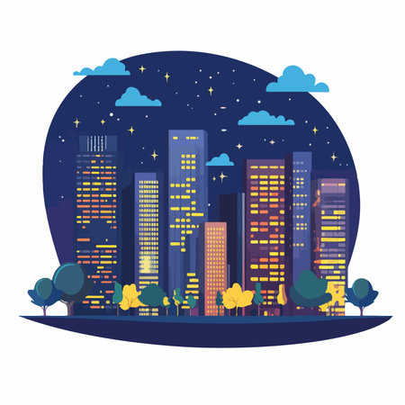 Nighttime Cityscape with Modern Architecture in Flat Styleのイラスト素材
