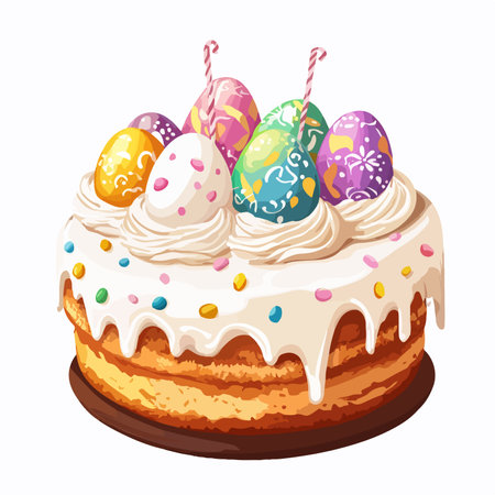 Colorful Easter Cake with Decorated Eggs and Creamy Glazeのイラスト素材