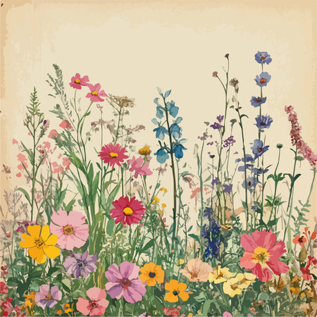 Vintage Illustration of Vibrant Wildflowers on Aged Paperのイラスト素材