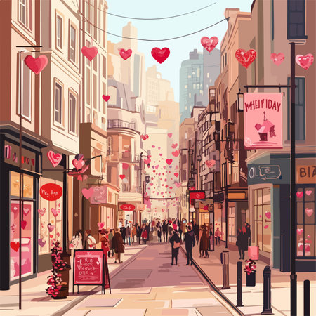 Valentine's day in London, UK. People walking down the street. Vector illustrationのイラスト素材