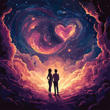 Couple in love at the night sky with stars. Vector illustration.のイラスト素材
