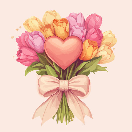 Bouquet of tulips with a bow and a heart. Vector illustration.のイラスト素材