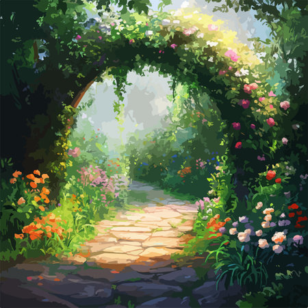 Vector illustration of a path in the garden with flowers and plants.のイラスト素材