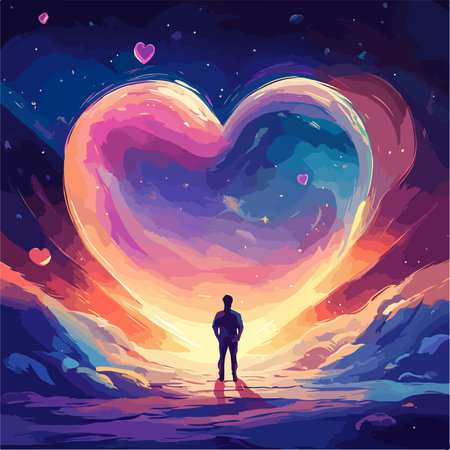Vector illustration of a man standing on the background of the heart.のイラスト素材