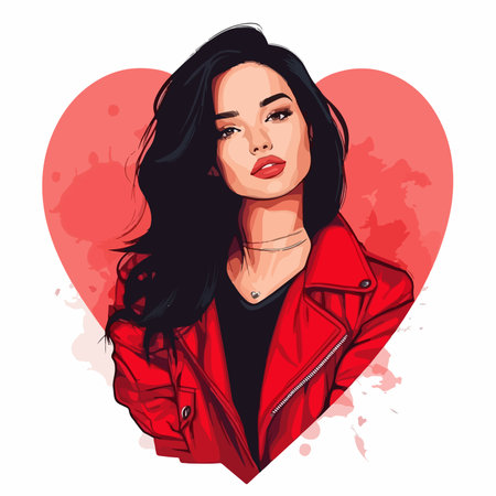 Beautiful young woman in red jacket and heart. Vector illustration.のイラスト素材